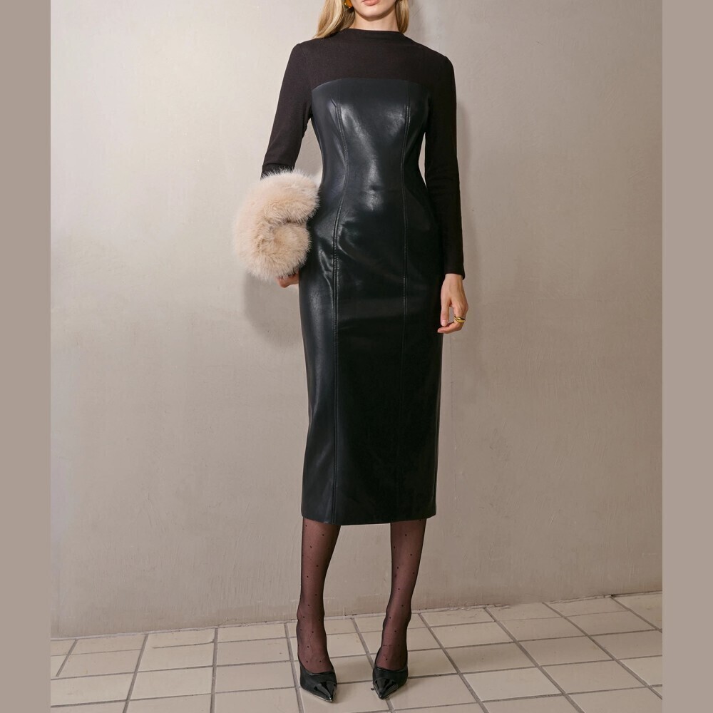 Black Faux Leather & Fabric Yoke Panel Long Sleeve Slim Midi Dress